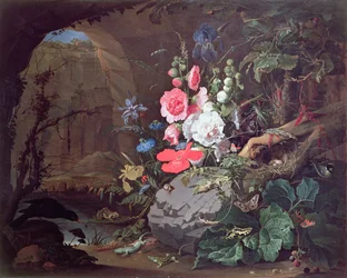 Blommor och fåglar i en grotta